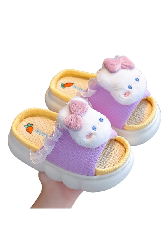 Plush Bunny Linen Slides for Girls Open-Toe Thick-Soled Summer Slippers Non- Lightweight Indoor Shoes