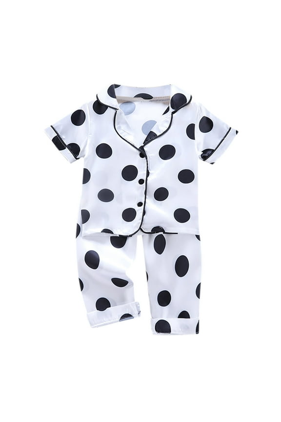 Polka Dot Graphic Sleepwear for Infant Boy Short Sleeved Shirt Trousers Set Summer Soft Homewear， White