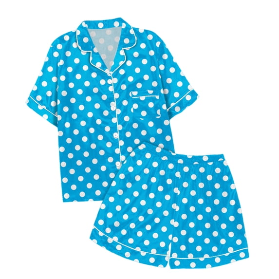 Byoo Polka Dot Printed Nightwear for Toddler Girls Soft Button Collar Short Sleeved Top Shorts Loungewear Soft Outfit, Blue
