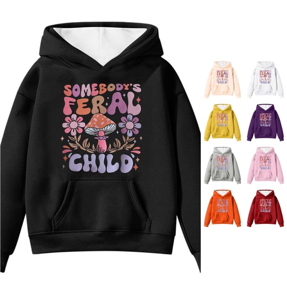 Byoo Retro Graphic Hoody Sweatshirt for Little Girls Long Sleeve Mushroom Floral Printed Hoodies Play Daily Pullovers,Black