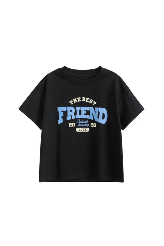 Retro Tshirt for Big Boy Vintage Letter Graphic Short Sleeve O-Neck T-Shirt Kids Active Breathable Tee Shirt,Black