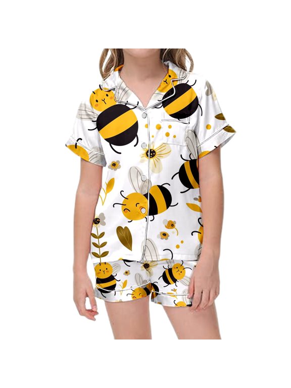 Short Sleeve Graphic Pajama Set for Big Girl Notch Collar Bumblebee Floral Print Homewear Set