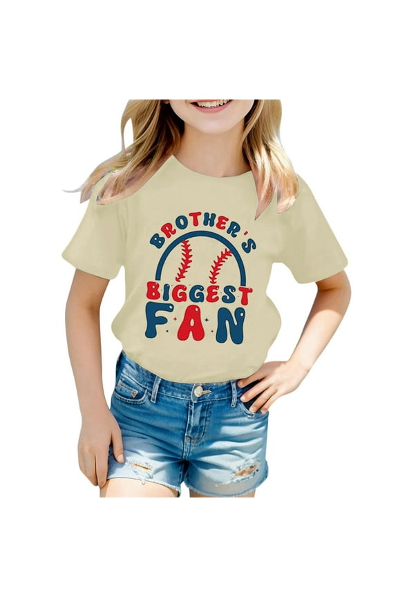 Short-Sleeve Girl Tee Shirt Soft Letter Graphic Round Neck Pullover Top School Comfort T Shirt for Kids,Beige