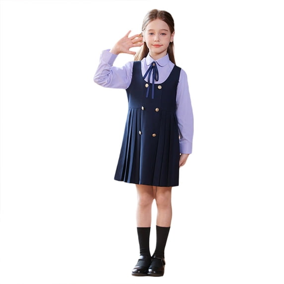 Byoo Solid Button Jumper Dress Set for Girls Long Sleeve Back To School Uniform Dresses