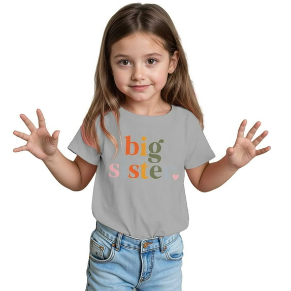 Byoo Summer Shirt for Toddler Girl Big Sister Letter Graphic Short Sleeve Top Basic Coton T Shirt for Children,Grey