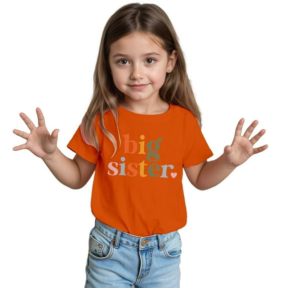 Byoo Summer Shirt for Toddler Girl Big Sister Letter Graphic Short Sleeve Top Basic Coton T Shirt for Children,Orange
