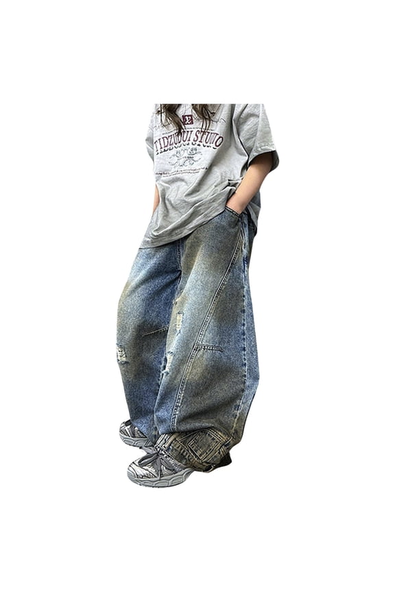 Boy Baggy Ripped Jeans Vintage Wash Wide Leg Fashion Streetwear Casual Denim Trousers,Navy