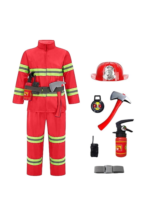 Teen Boy Firefighter Outfit Set Reflective Strip Fireman Role Play Accessories Uniform Set Pretend Play Clothes Setï¼ Red
