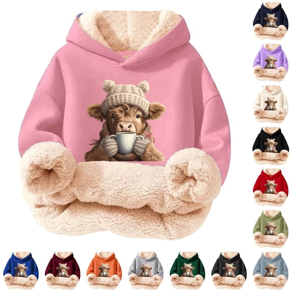 Byoo Boy Lined Hooded Sweatshirt Classic Cute Cow Printing Full Sleeve Unisex Hoodie Kids Winter Pullover Top,Pink