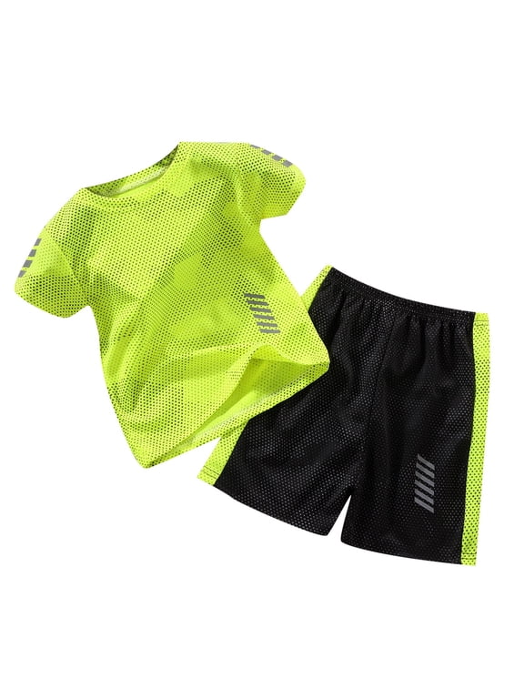 Boy Mesh Sports Tracksuit Sets Short Sleeve O-Neck Pullover Tee Shorts Set 2 Piece Basketball Active Clothing Set for Kids