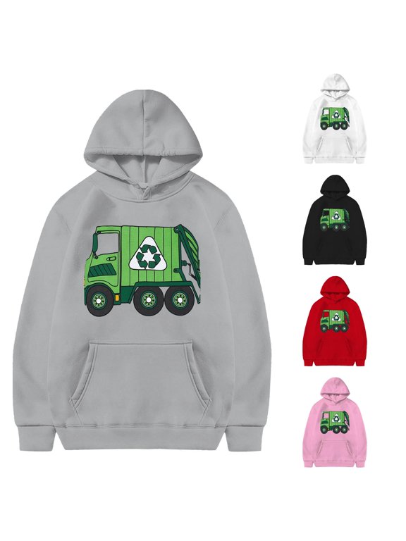 Boy's Fun Hooded Sweatshirt Long Sleeve Garbage Truck Print Pullover Outdoor Casual Hoodie,Grey