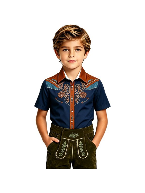 Boy's Minimal Arrow Western Yoke Embroidered Shirt Lapel Collar Long Sleeve Solid Bavarian Top Oktoberfest Blouse