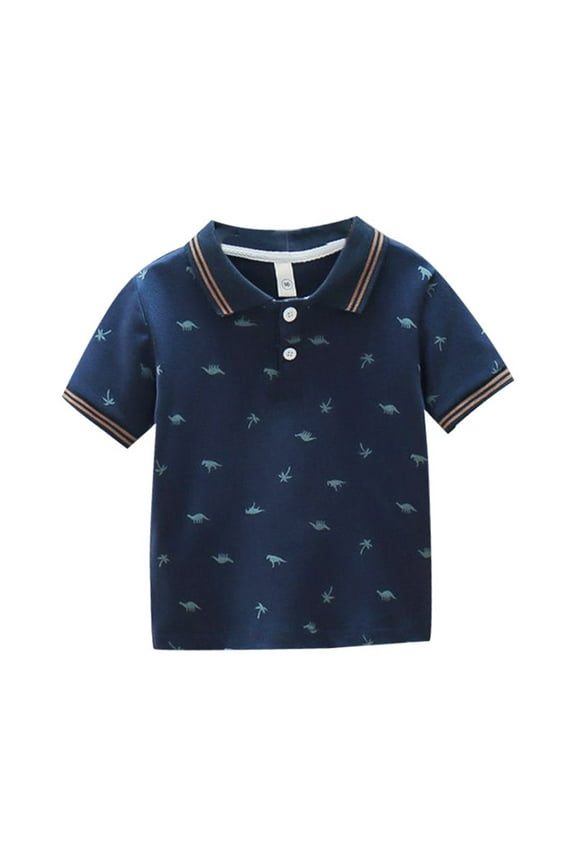 Teen Boys Graphic Polo Shirt Dinosaur Painted Lapel T Shirt with Short Sleeves Active Casual Pullover Top,Navy