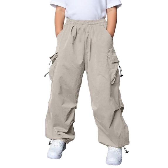 Byoo Boys' Multi-Pocket Parachute Cargo Pants Solid Elastic Waist Active Unisex Trousers