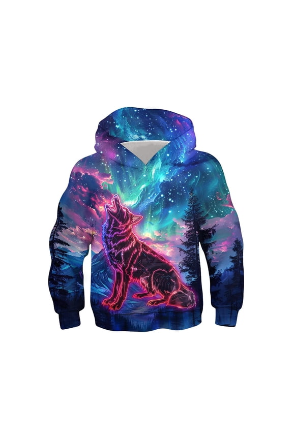 Boys' Neon Aurora Wolf Graphic Hoodie Lightweight Full Sleeve Hooded Sweatshirt Kids Loose Fit Sweatshirts Outerwear, Blue