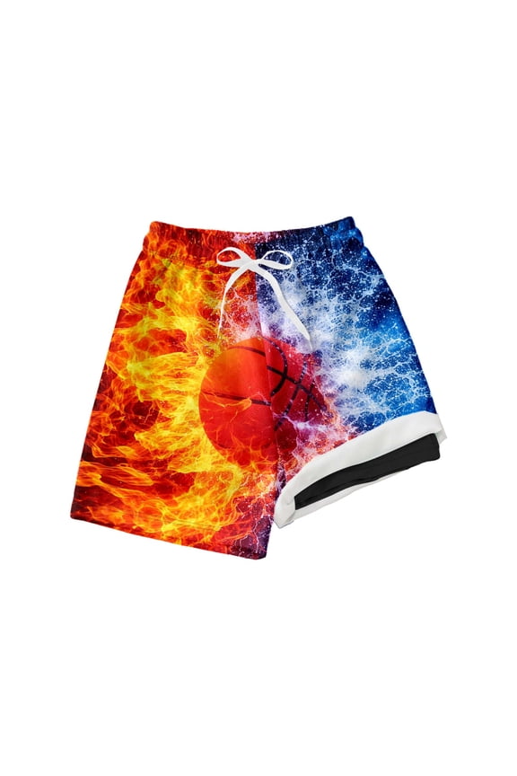 Boys Swim Trunks with Basketball Graphic Drawstring Swimwear Summer Beach Pool Shorts for Kids
