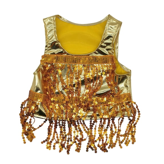 Byoo Girl Gold Sequin Dance Top Sleeveless U Neck Sparkle Camisole Shirt Shiny Metallic Party Belly Dance Crop Top