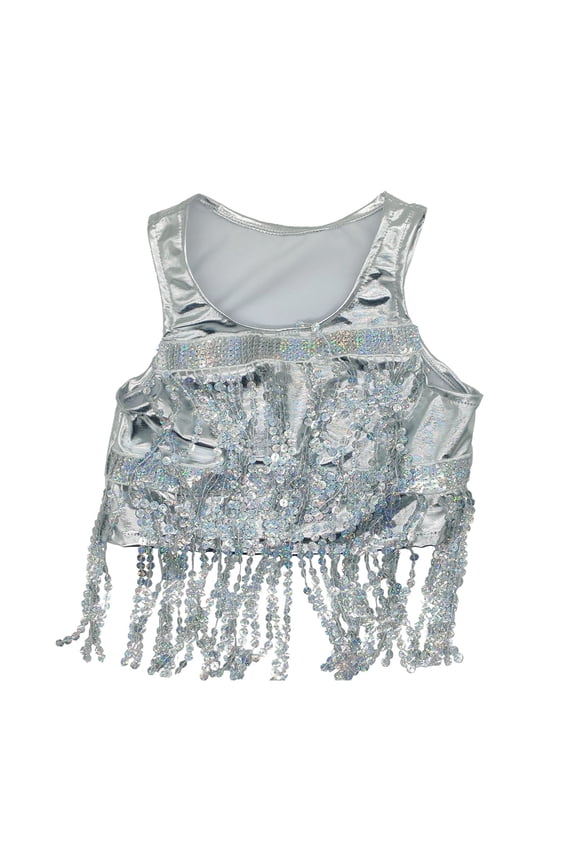 Teen Girl Gold Sequin Dance Top Sleeveless U Neck Sparkle Camisole Shirt Shiny Metallic Party Belly Dance Crop Top