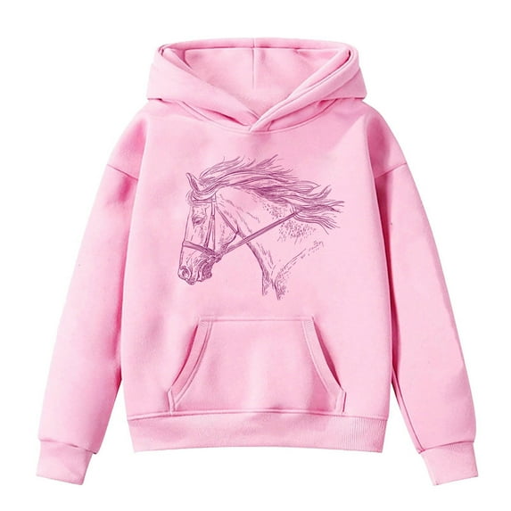 Byoo Girl Horse Print Hoodies Sweatershirts Oversize Long Sleeve Pullover Sweatshirt Soft Clothes for Kids,13-14T
