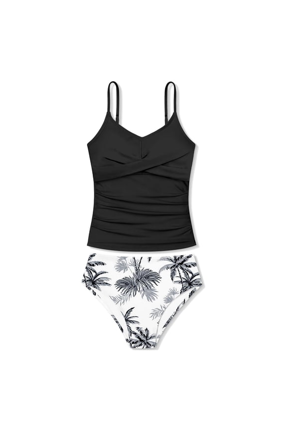 Girl Twist Front Tankini Swimwear Leaf Print Ruched Pool Beach Bathing Suit,Black