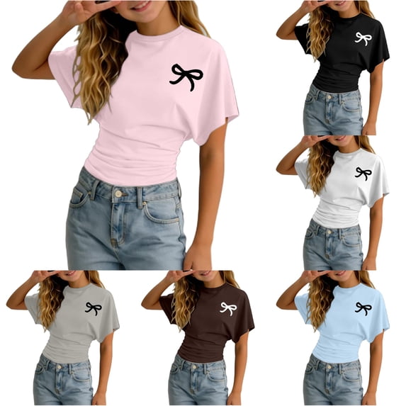 Byoo Teen Girl's Trendy T‑Shirt Bow Graphic Short‑Sleeve Tees Daily Tops