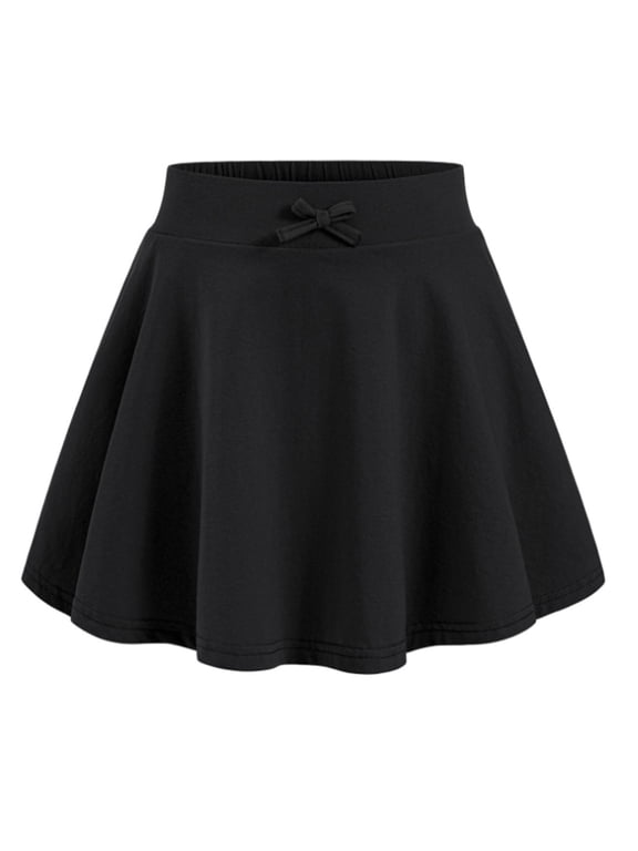 Teen Girls Bow Accent Skater Skirt Solid Elastic Waist A Line Soft Daily Skirt ,Black