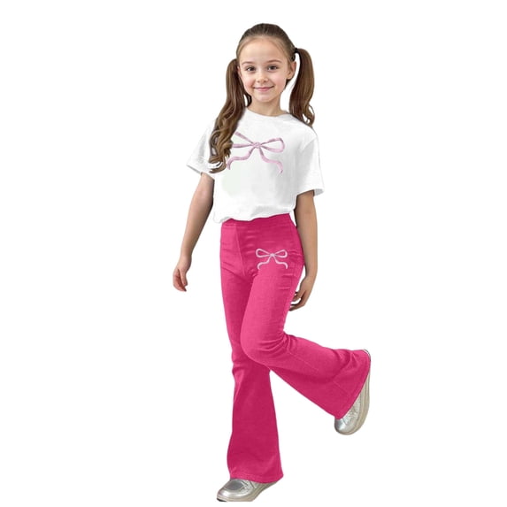 Byoo Girls Bow Graphic Outfit Set Short Sleeve T-Shirt Flared Pants Clothes Set Casual Daily Tracksuit Set for Children
