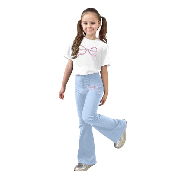 Byoo Girls Bow Graphic Outfit Set Short Sleeve T-Shirt Flared Pants Clothes Set Casual Daily Tracksuit Set for Children