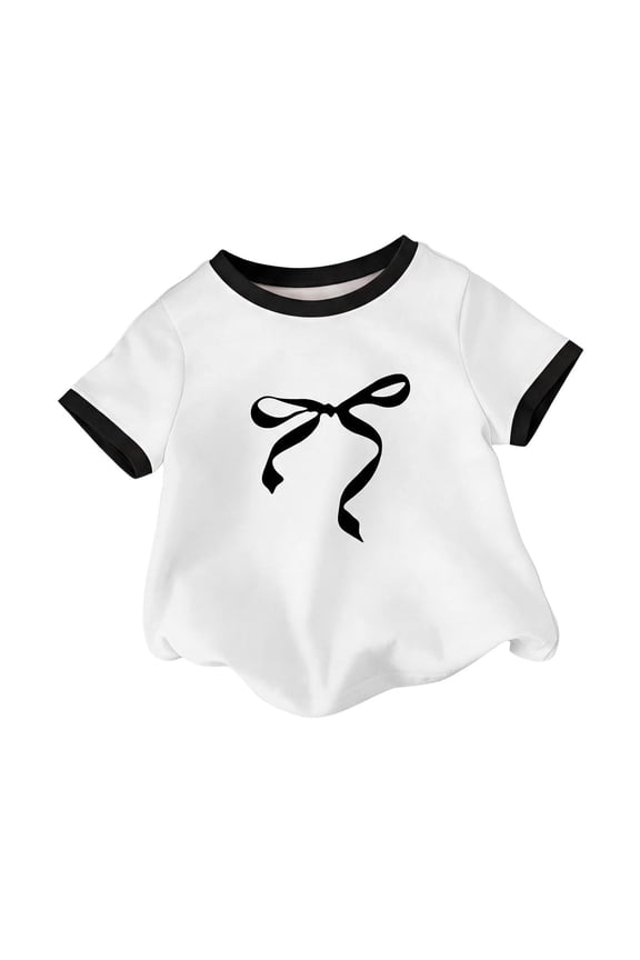 Girls Bow Print T Shirt Cute Retro Short Sleeve Soft Tee Lightweight Breathable Summer Tee Shirt for Kids
