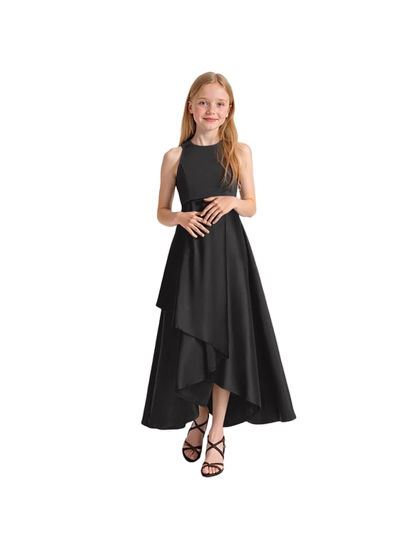 Girls Formal Dresses Solid Sleeveless Silky Elegant Dress for Kids Soft Performance Summer Dresses Black