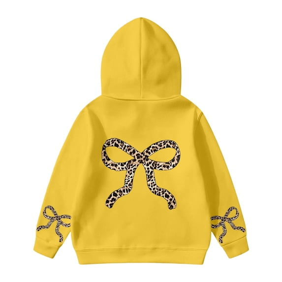 Byoo Girls Graphic Hoodie Sweatshirt Leopard Bow Printed Long Sleeve Pullover Top Kids Active Basic Hooded Sweatshirtsï¼Yellow