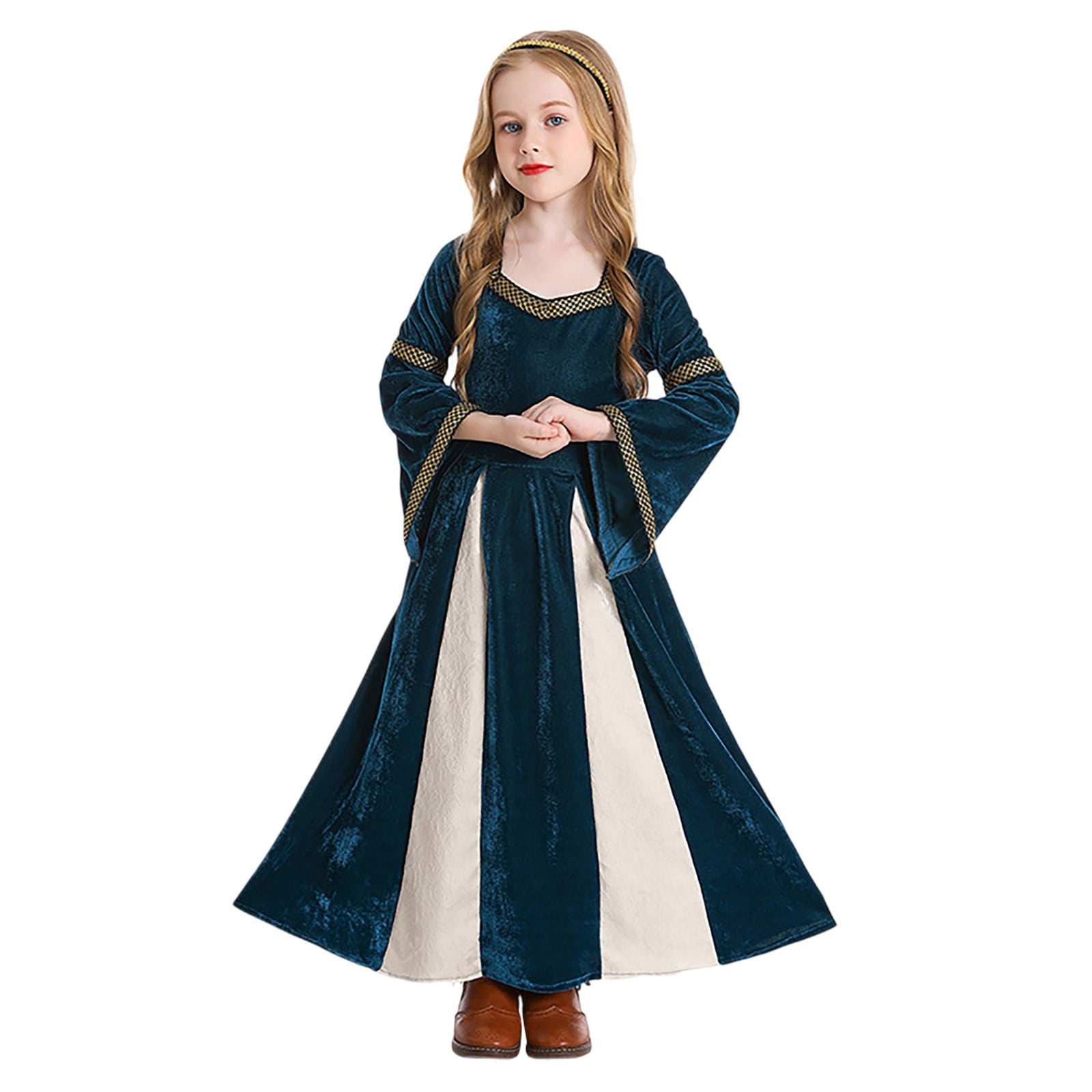 Byoo Girls Renaissance Dress Velvet Colorblock Long Bell Sleeve Square Neck Gown Soft Daily DressesNavy