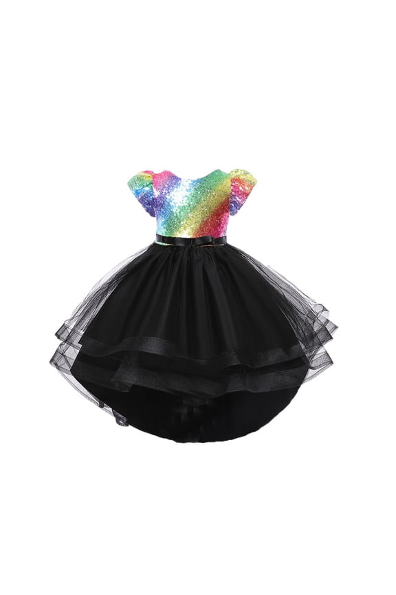 Girls' Rainbow Sequin High-Low Tulle Dress Puffed Sleeve Princess Dress Sparkly Sequin Dress for Birthday