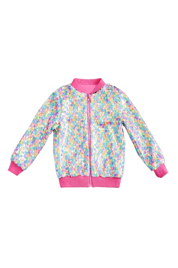 Teen Girls' Sequin Bomber Jacket Full Sparkle Embellished Solid Zip Up Coat Outerwear Loose Fit Casual Baseball Jacket