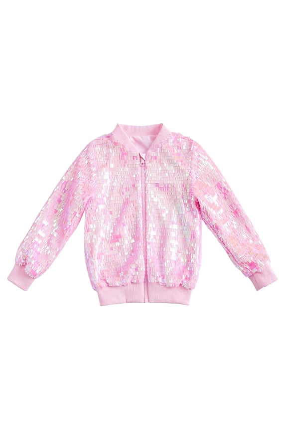 Teen Girls' Sequin Bomber Jacket Full Sparkle Embellished Solid Zip Up Coat Outerwear Loose Fit Casual Baseball Jacket