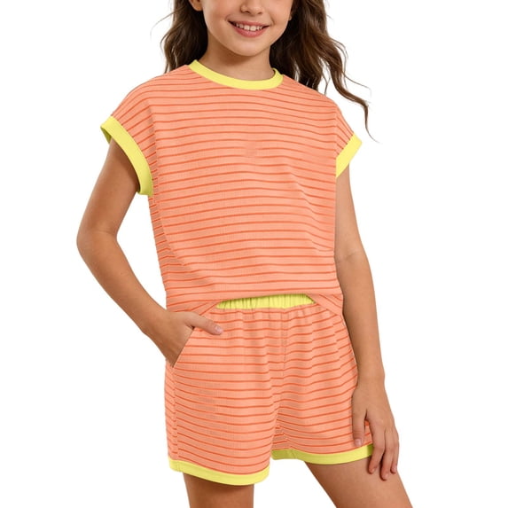 Byoo Girls' Striped Ribbed 2 Piece Outfit Cap Sleeve Top and Shorts with Pocketsï¼Orange