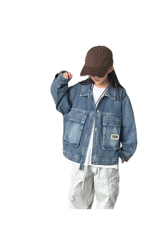 Girls Stylish Denim Trucker Jacket Loose Fit Buttons Western Oversized Pocket Coat Sporty Classic Jean Jacket