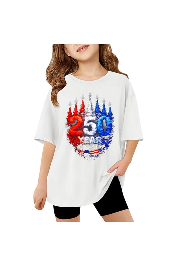 Girls T-Shirt America's 250th Anniversary Airplane Smoke Print Short Sleeve T Shirt Versatile Top
