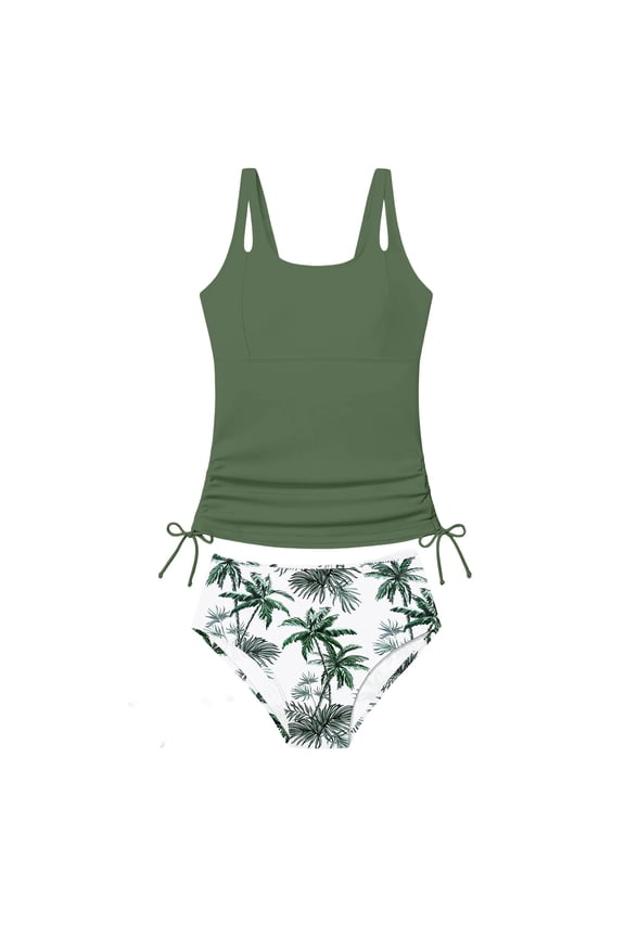 Girls UPF 50 Plus Tankini Set Hawaiian Print Beach Pool Water Bathing Suits,Green