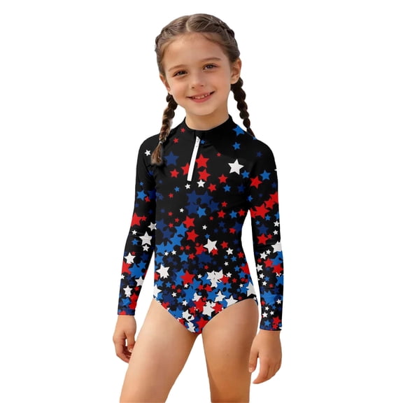 Byoo Teen Girls Zipper Rash Guard 4th Of July Long Sleeve Graphic Stretch Soft One Piece Swimsuit,Red