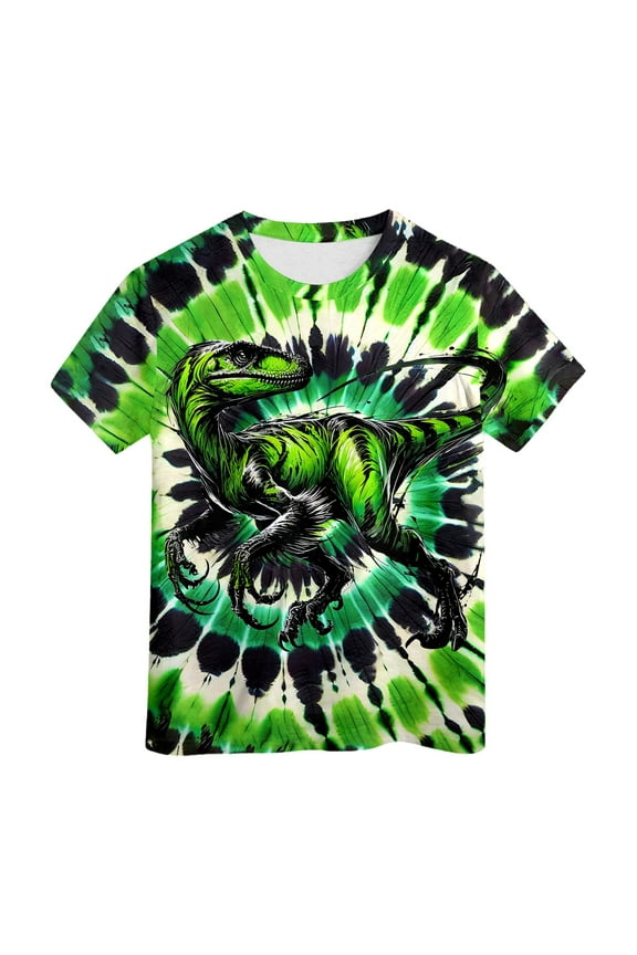 Tie Dye T Shirt for Big Boys Dinosaur Graphic Round Neck Short-Sleeve Children Top Soft Sport T-Shirt