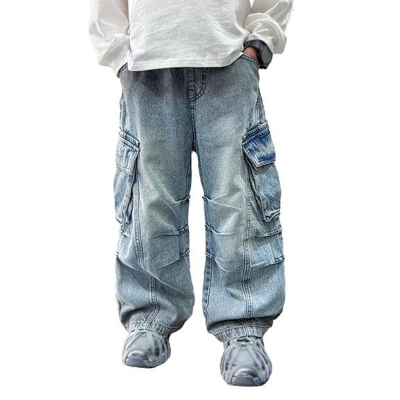 Byoo Toddler Boy Cargo Denim Pants Solid Color Wide Leg Elastic Waist Baggy Husky Jeans with Pockets Casual Trousers