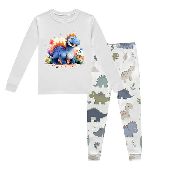 Byoo Toddler Boy Dinosaur Printed Sleepwear Set Full Sleeved Crew Neck Tee Trousers Outfit Soft Cozy Homewear Outfit for Kids