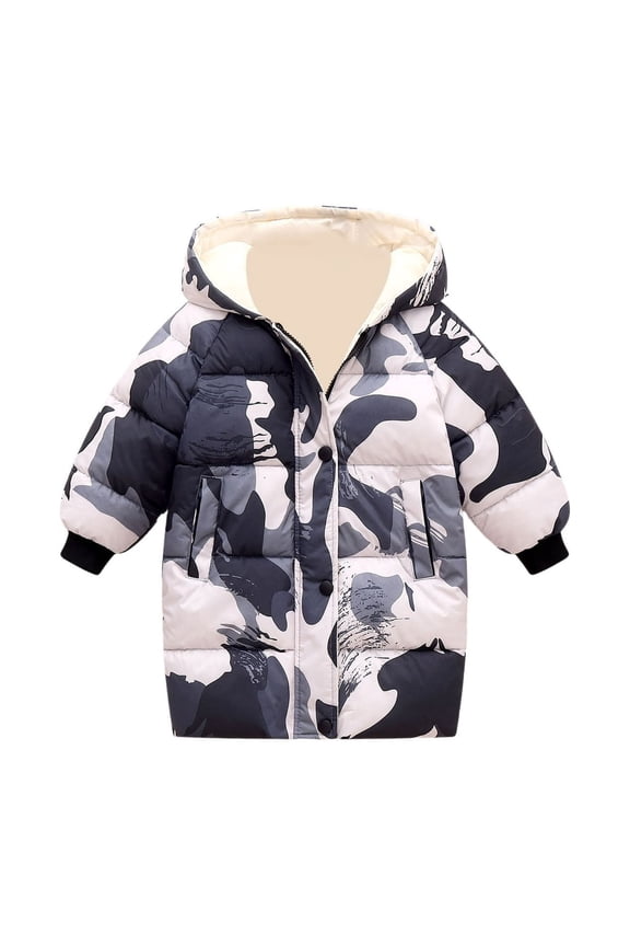 Toddler Boy Down Coat Camo Print Long Padded Warm Zip Up Hooded Puffer Jacket Outerwear Windbreakers Child Top