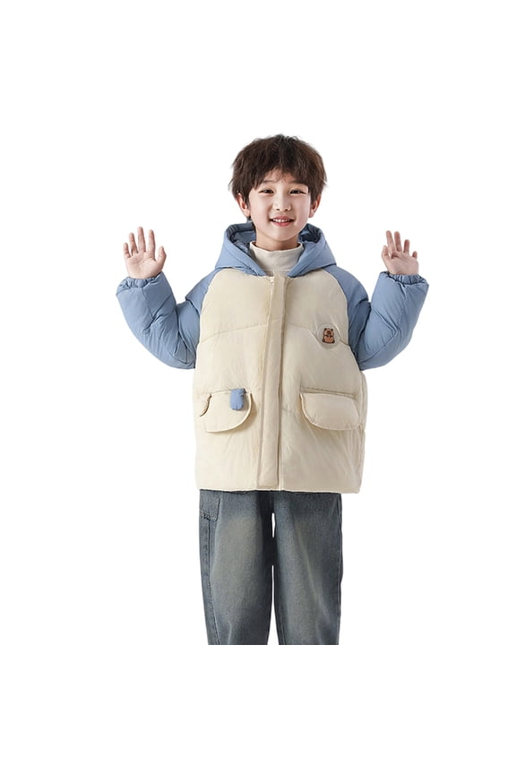 Toddler Boy Down Jacket Colorblock Zipper Hood Padded Thickened Outdoor Puffer Jacket Cozy Warm Relaxed Fit Cloth