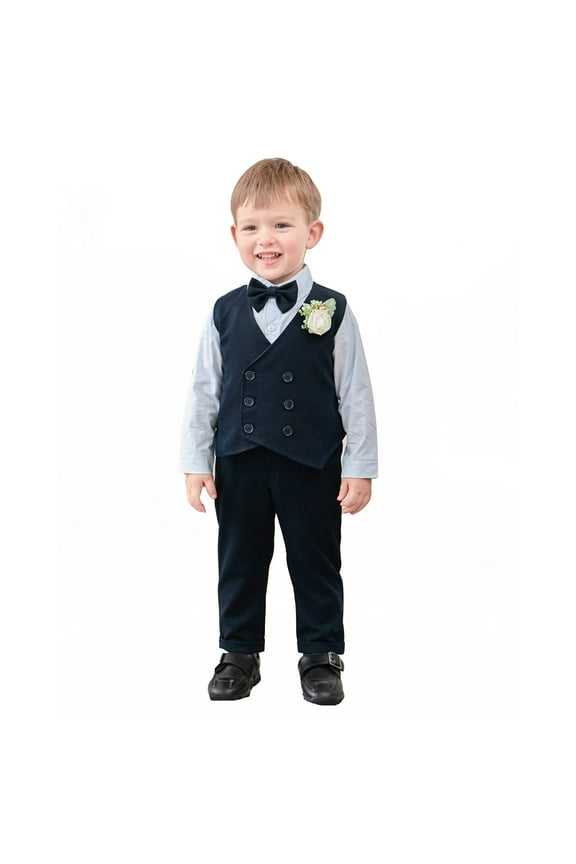 Toddler Boy Suits Set Bow Solid Button Down Shirt Vest Dress Pants Clothes Set Gentleman Dapper Children Clothes Set