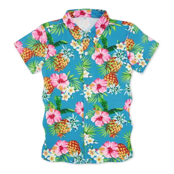 Byoo Toddler Boy Summer Button Up Shirt Hibiscus Pineapple Print Short Sleeve Tee Shirts Vacation Hawaii Beach T-Shirt
