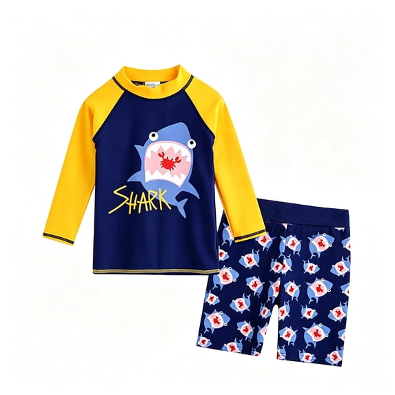 Byoo Toddler Boy Swimwear Two Piece UPF 50 Shark Print Sun Protection Rash Guard Swimsuit,Yellow