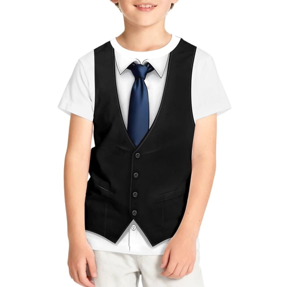 Byoo Toddler Boy Vest Tie Print Fake Suit Graphic Tee Short Sleeve Crew Neck formal T Shirt Summer Soft T-Shirt for Kids