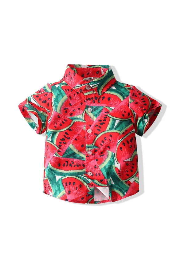 Toddler Boy Watermelon Print Short Sleeve Shirt Point Collar Button Up Casual Top Breathable Cute Beach Vacation Shirts